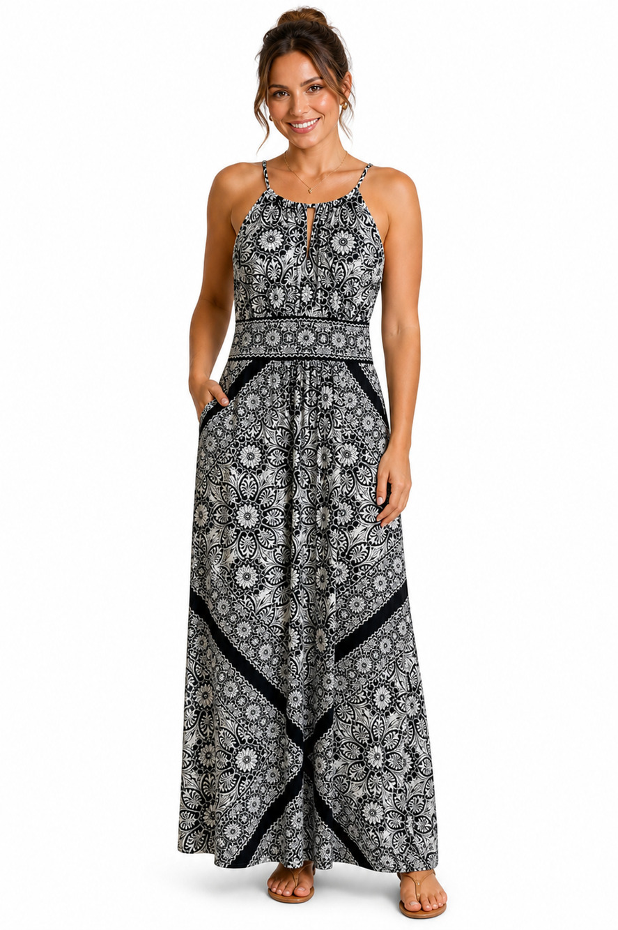White House Black Market Womens Jersey Knit Sleeveless Maxi Dress Key Hole sz S